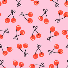 Cherry Seamless Vector Pattern. Hand Drawn Simple Cherries Red Black On Pink Background. Repeating Summer Fruit Backdrop Doodle Style. Surface Pattern Design For Fabric, Wallpaper, Kitchen Decor.
