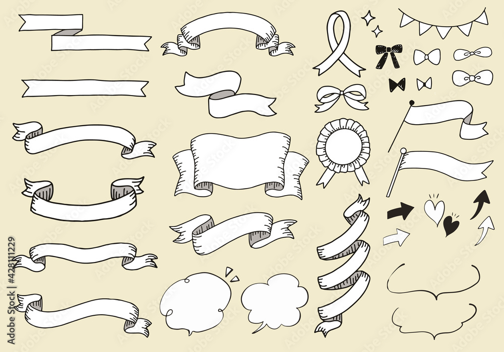 かわいくておしゃれな手書きのリボンのベクターイラストセット かわいくておしゃれな手書きのリボンのベクターイラストセット