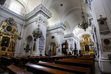 Interior With Golden Altar Of The Church Of The Holy Cross In Warsaw, Poland. Chopin's Heart Buried In The Left Pillar.