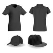 © Сергей Байбак - Black tshirt, black baseball hat vector template mockup. Sport apparel realistic blank, active short sleeve outfit. Collar shirt, clothes illustration, front view, merchandise wear