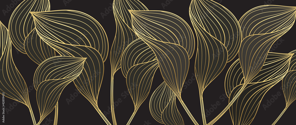 Tropical leaves background vector with golden line art texture.  Luxury wallpaper design for prints, poster, cover, invitation, packaging design background, wall art and home decoration. - obrazy, fototapety, plakaty 