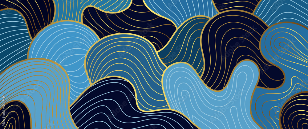 Navy blue Gold abstract wave line arts background vector. Luxury wall paper design for prints, wall arts and home decoration, cover and packaging design. - obrazy, fototapety, plakaty 