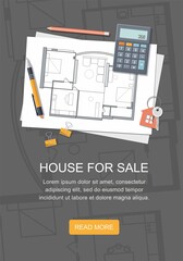 Project architect house plan with tools. Key with symbol of house. Construction background.