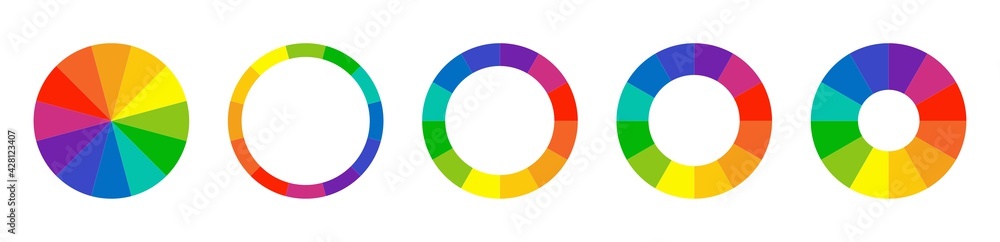 Color wheel guide. Floral patterns and palette isolated. RGB and CMYK colors. Pie charts diagrams. Set of different color circles. Infographic element round shape. Vector illustration. - obrazy, fototapety, plakaty 