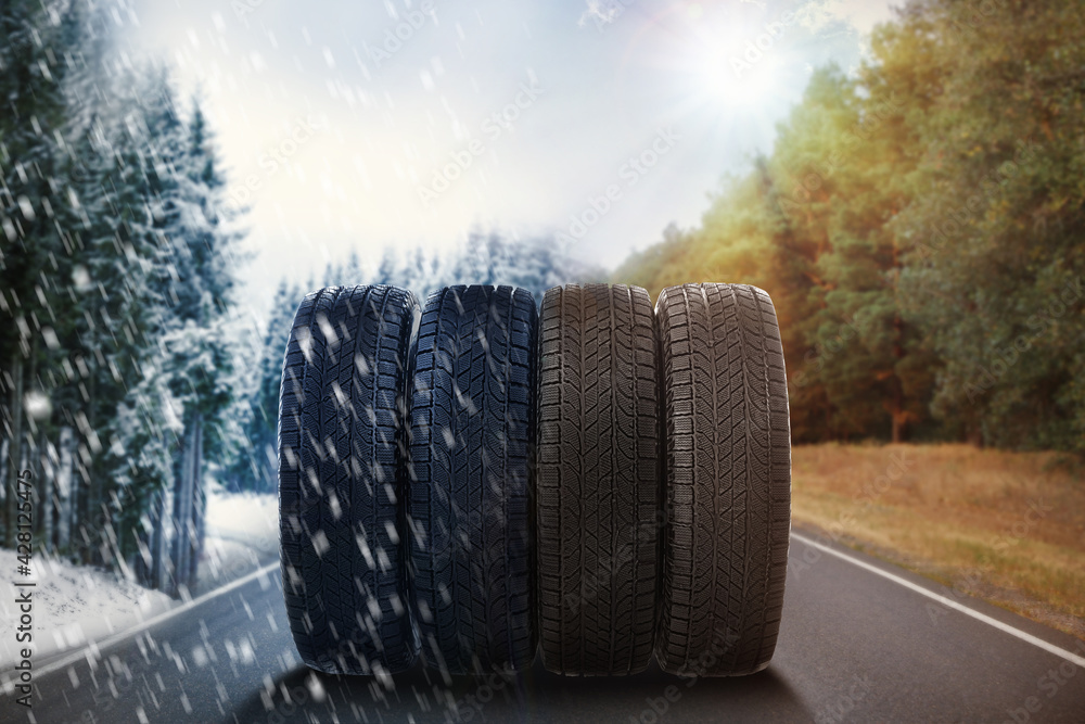 Set of new winter and summer tires on asphalt road, collage - obrazy, fototapety, plakaty 