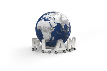Wall Mural - word plan on wheels as a car around the world map. silver letters on globe on an isolated background