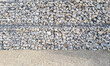 Vorlage Hintergrund Mauer Steine Wand Gabione grau neutral Vordergrund Sand Kies Strand Produkt Plazierung Werbefläche Mock up Sonnig Struktur Naturmaterial