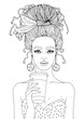 Vector drawn coloring portrait young woman . Girl with hairstyle loose bun wrapped in a scarf. Fashionable model with clean healthy skin hold a travel thermo mug for take away hot drink coffee or tea