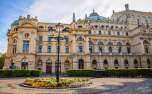 KRAKOW, POLAND - MAY 13, 2019: The Ornate Architecture Of The Juliusz Slowacki Theatre In Krakow Old Town In Poland. Space For Text.