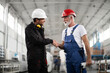 © JustLife - Portrait of workers in factory. Colleagues with helmet handshake in factory.