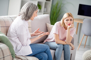 Poster - Photo of two persons sit on couch hand under chin bad mood mother tech speak hands palms show home indoors