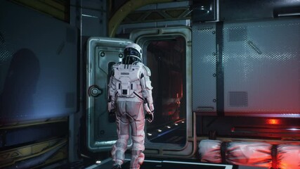 Canvas Print - an interstellar spacecraft astronaut leaves the command room and walks down the corridor. the animat