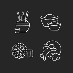 Sticker - China national holidays chalk white icons set on black background. Rice bowl. Gold ingots. Mooncakes. Moon hare. Chinese funeral tradition. Wealth symbol. Isolated vector chalkboard illustrations