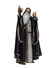 3D Illustration Of A Wise Old Bearded Wizard In Purple Costume Isolated On White.