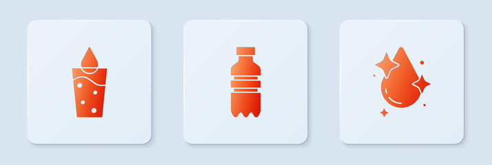 Sticker - Set Bottle of water, Glass with and Water drop. White square button. Vector