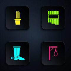 Sticker - Set Gallows, Cactus peyote in pot, Cowboy boot and Pan flute. Black square button. Vector