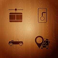 Sticker - Set Location with bus, Cable car, Car and City map navigation on wooden background. Vector