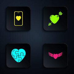 Set Heart with wings, Online dating app and chat, and Amour heart arrow. Black square button. Vector