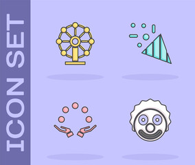 Poster - Set Clown head, Ferris wheel, Juggling ball and Festive confetti icon. Vector