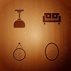 Poster - Set Mirror, Lamp hanging, and Sofa on wooden background. Vector