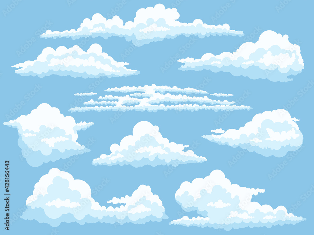 Cartoon clouds. White cloud on blue sky isolated vector illustration set - obrazy, fototapety, plakaty 