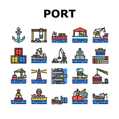 Wall Mural - Container Port Tool Collection Icons Set Vector. Port Crane Loader For Loading Boxes On Ship And Storehouse, Buoy And Lighthouse, Delivery Service Concept Linear Pictograms. Contour Illustrations