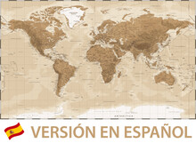 World Map Color Political Topographic - Spanish Language Version - Vector Detailed Illustration