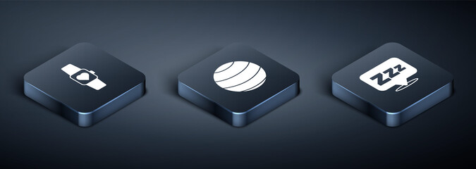 Set Isometric Smart watch, Sleepy and Fitness ball icon. Vector