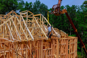 Construction home framing on residential beam roofing wooden new house