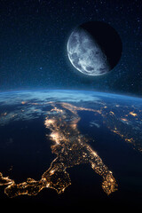 Wall Mural - satellite moon near blue planet earth and night cities with lights. space image