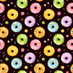 Wall Mural - Seamless pattern with watercolor multicolored donuts isolated on black background.