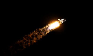 Fototapete - Space rocket shuttle with blast and puffs of smoke against the black sky. Spaceship lift off on black background. Space mission, concept.