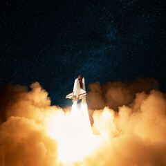 Wall Mural - spaceship takes off with blast and puffs of smoke into the starry sky. rocket lift off and fly into 
