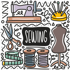 hand drawn sewing equipment doodle set