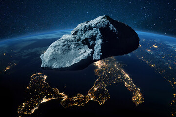 Wall Mural - asteroid flies near the blue planet earth with yellow city lights, view from space space. danger in 