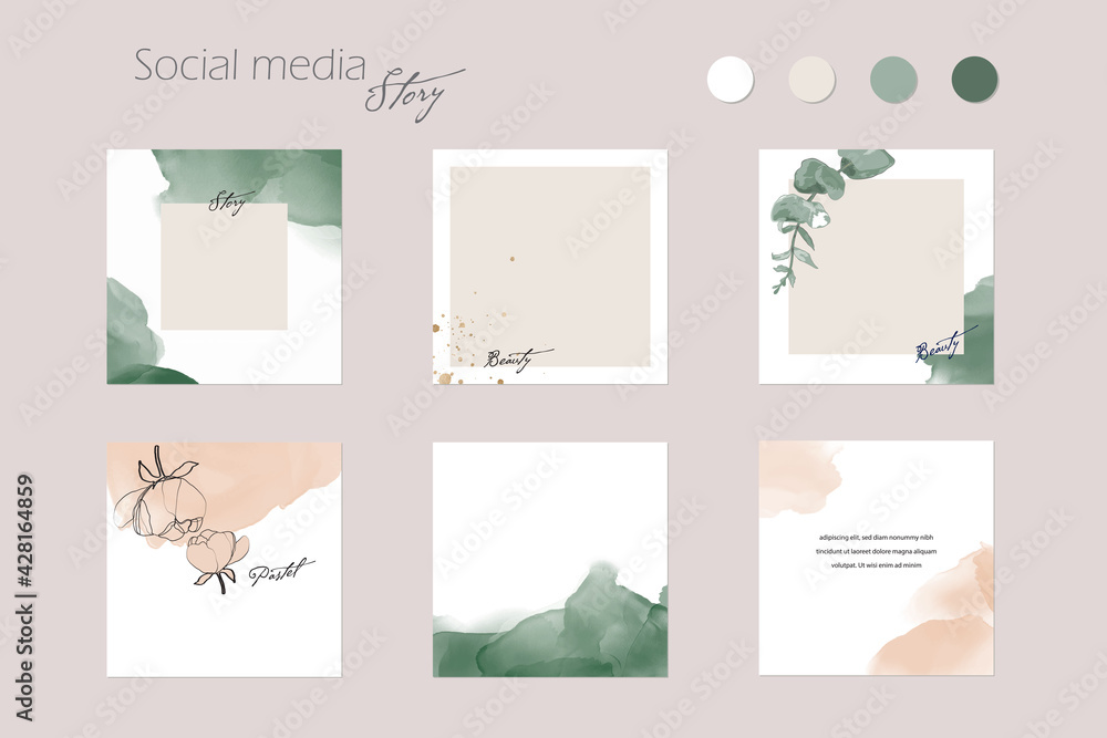 abstract Instagram social media story post feed background layout, web banner template. pink nude green watercolor vector texture frame mockup. for beauty, jewelry, fashion, cosmetics, wedding, summer - obrazy, fototapety, plakaty 