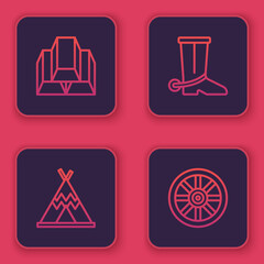 Poster - Set line Gold bars, Indian teepee or wigwam, Cowboy boot and Old wooden wheel. Blue square button. Vector