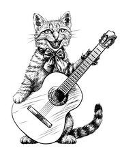 Cat. Wall Sticker. Graphic, Black And White Sketch Cute Kitten With A Guitar On A White Background. Digital Vector Graphics.