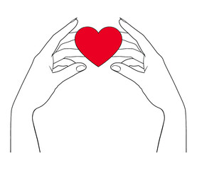 Wall Mural - Female hands holding  a red heart.  Charity, mercy, kindness. Vector illustration.