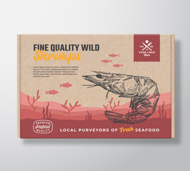 Wall Mural - Fine Quality Seafood Cardboard Box. Abstract Vector Food Packaging Label Design. Modern Typography and Hand Drawn Shrimp and Fishes Silhouettes. Sea Bottom Landscape Background Layout with Banner