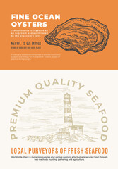 Wall Mural - Fine Ocean Seafood. Abstract Vector Packaging Design or Label. Modern Typography and Hand Drawn Oyster Shell Sketch Silhouette with Sea Lighthouse Background Layout