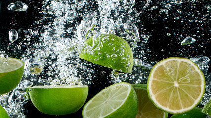 Wall Mural - Sliced limes falling into water