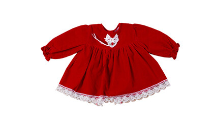Wall Mural - Red knitted baby dress on a white background close up, Red children dress close up
