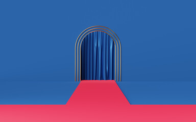Wall Mural - Empty red catwalk or podium on gold arch and blue curtain background. Abstract minimal studio 3d geometric shape object. Mockup space for display of product design. 3d rendering.