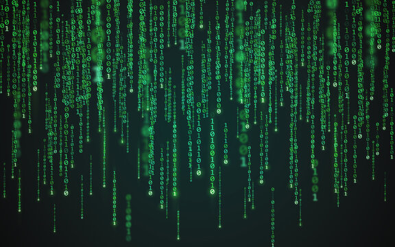 Fototapete - Matrix background. Binary code texture. Falling green numbers. Data visualization concept. Futuristic digital backdrop. One and zero digits. Computer screen template. Vector illustration