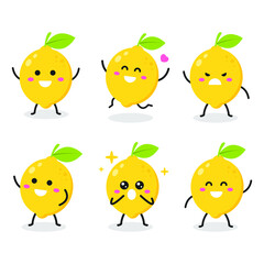 Wall Mural - Collection of cute lemon characters in various poses isolated on white background. Funny fruit cartoon. Flat vector graphic design illustration for infographic, children book, and farm concept.