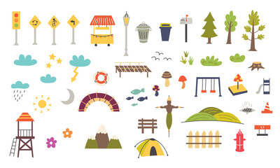 set of decorative elements for children's map. nursery design for the map creator. vector illustrati