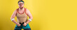 © kalinichenkod - funny fat man doing exercises with dumbbells. Overweight. yellow background
