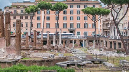 Poster - Largo di Torre Argentina timelapse in Rome. It is a square that hosts four Republican Roman temples, and the remains of Pompeys Theatre. Cloudy sky and historic buildings around