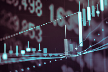 Financial data in term of a digital prices on LED display. A number of daily market price and quotation of prices chart to represent candle stick tracking in Forex trading.	